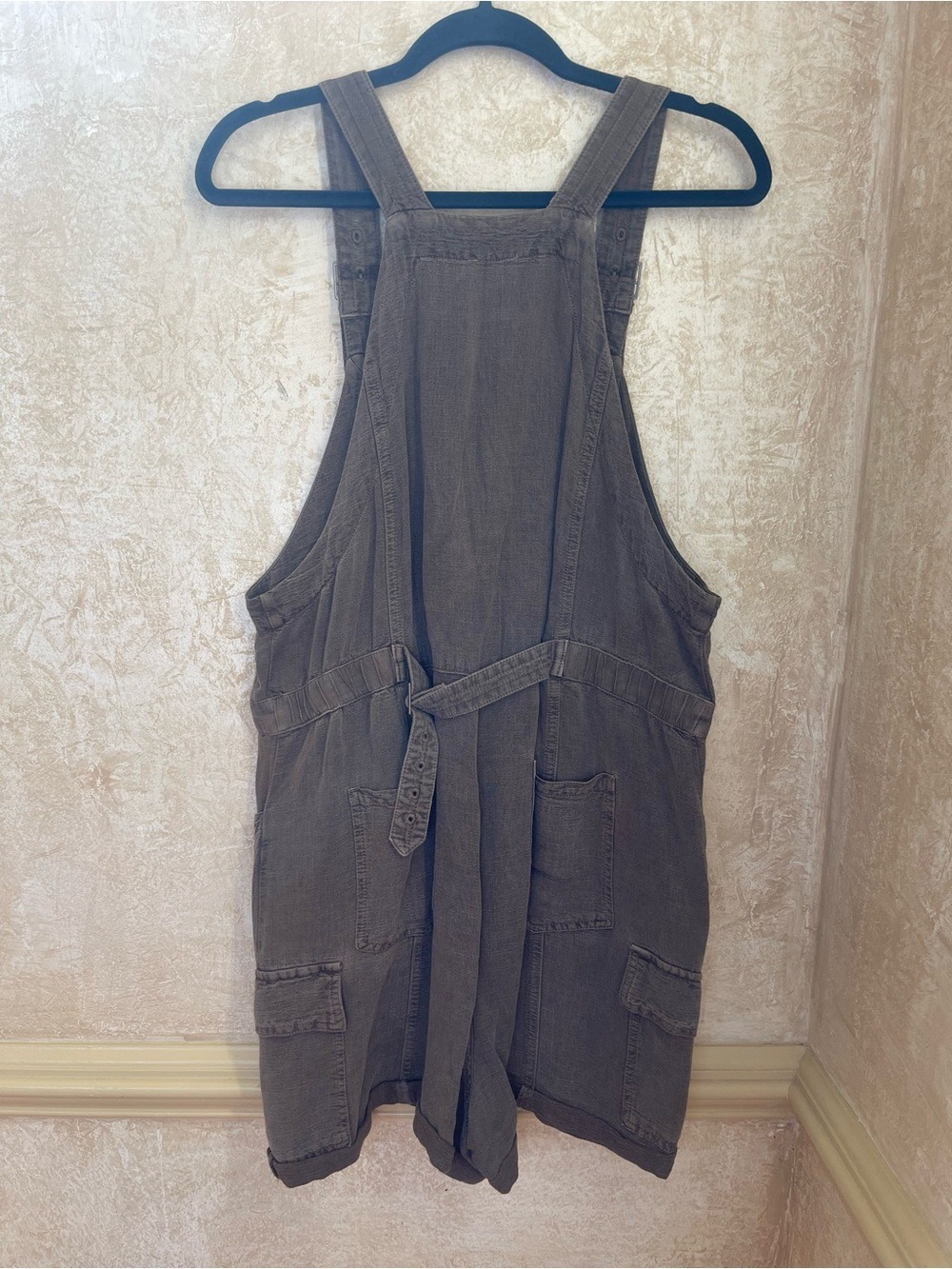 Nicole Miller Linen Blend Utility Cargo Overalls Brown Size L Relaxed Summer Fit - Picture 5 of 13